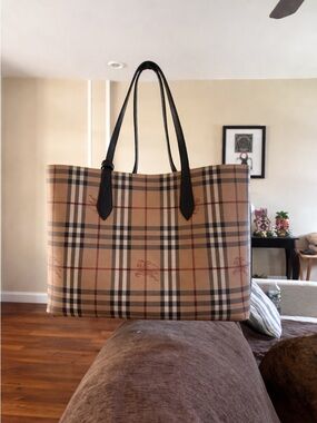 Burberry Reversible Black and Beige Check Canvas Tote with Black Handles